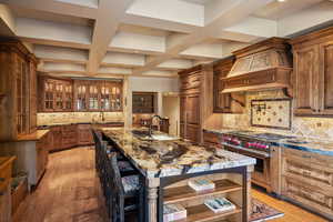 Kitchen with high end appliances, a center island with sink, light stone countertops, light hardwood / wood-style floors, and decorative backsplash