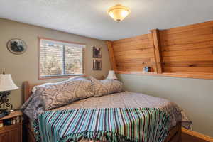 Bedroom with a textured ceiling