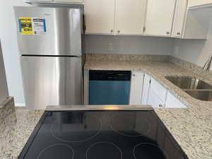 Kitchen featuring light stone counters, sink, stainless steel appliances, and white cabinets