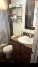 Full bathroom with shower / bath combination with curtain, vanity, and toilet