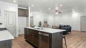 Kitchen featuring light hardwood / wood-style flooring, sink, a kitchen island with sink, and stainless steel dishwasher