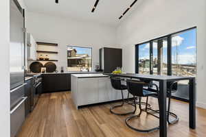 Kitchen featuring light hardwood / wood-style flooring, a towering ceiling, high quality appliances, dark brown cabinetry, and kitchen peninsula