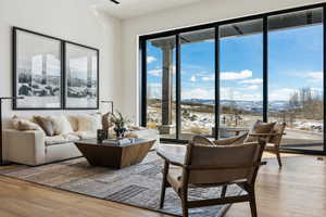 Living room featuring a mountain view, light hardwood / wood-style floors, and a healthy amount of sunlight