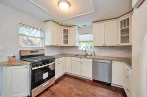 Kitchen with white cabinetry, sink, dark wood-type flooring, and stainless steel appliances