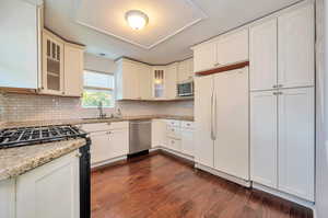 Kitchen with light stone counters, backsplash, stainless steel appliances, dark hardwood / wood-style floors, and sink