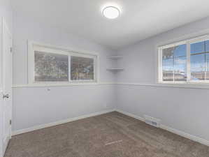 Carpeted empty room with vaulted ceiling