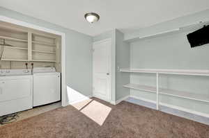 Clothes washing area with independent washer and dryer and light colored carpet