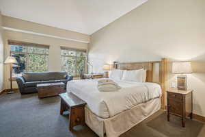 Bedroom featuring dark carpet and high vaulted ceiling