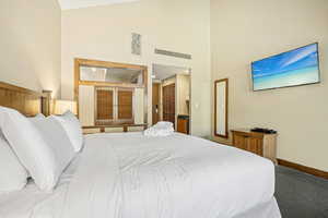 Bedroom featuring a towering ceiling, carpet, and a closet