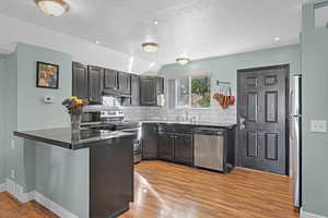 Kitchen featuring appliances with stainless steel finishes, tasteful backsplash, kitchen peninsula, light hardwood / wood-style flooring, and sink