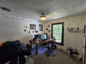 Carpeted home office with a textured ceiling