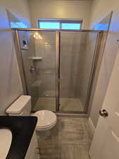 Bathroom featuring a healthy amount of sunlight, a shower with door, vanity, and toilet