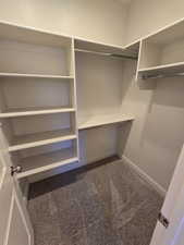 Walk in closet with dark carpet