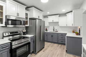 Kitchen featuring appliances with stainless steel finishes, decorative backsplash, light hardwood / wood-style floors, white cabinetry, and sink