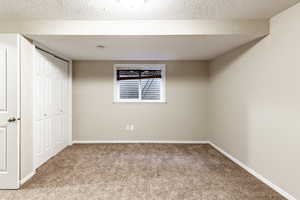 Basement featuring light carpet and a textured ceiling