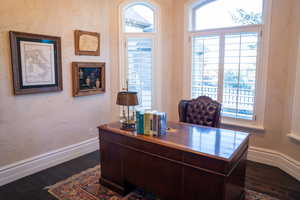 Office featuring dark wood-type flooring and a wealth of natural light