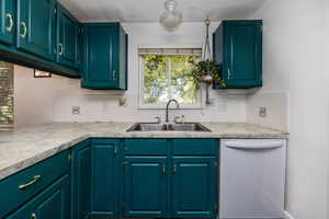 Kitchen featuring backsplash, sink, white dishwasher, and blue cabinetry