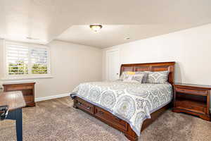 Bedroom featuring carpet floors and a textured ceiling