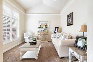 Carpeted living room featuring lofted ceiling and ornamental molding