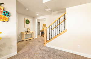 Interior space featuring carpet floors and a textured ceiling