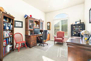 View of carpeted home office