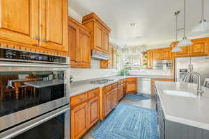 Kitchen featuring sink, tasteful backsplash, decorative light fixtures, stainless steel appliances, and a center island