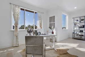 Office space featuring light wood-type flooring, ornamental molding, and plenty of natural light