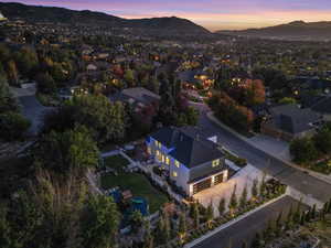 Aerial view at dusk with a mountain view