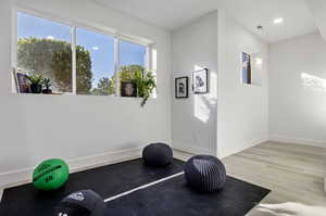 Exercise room featuring light hardwood / wood-style floors