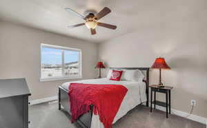 Carpeted bedroom with ceiling fan