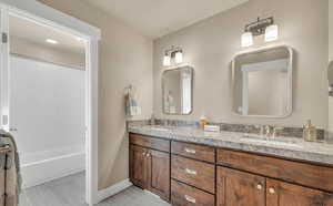 Bathroom featuring vanity and shower / bathing tub combination