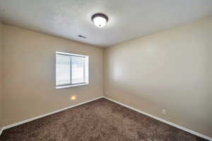 Unfurnished room featuring a textured ceiling and carpet