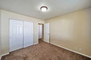 Unfurnished bedroom featuring a closet and carpet flooring