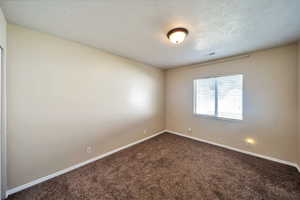 Carpeted empty room featuring a textured ceiling