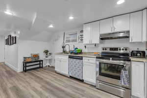 Kitchen with light wood-type flooring, vaulted ceiling, stainless steel appliances, and white cabinets.