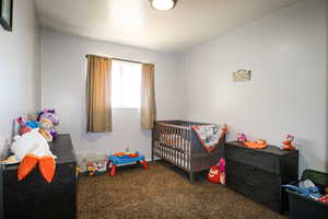 Bedroom with a crib and carpet flooring