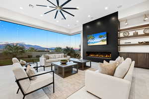 Tiled living room featuring a fireplace