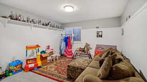 Recreation room with a textured ceiling and carpet flooring