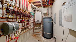 Utility room featuring electric panel and secured water heater