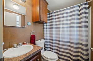 Bathroom featuring a textured ceiling, vanity, toilet, and walk in shower