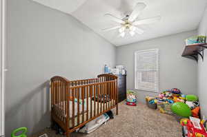 Carpeted bedroom with ceiling fan, a nursery area, and vaulted ceiling