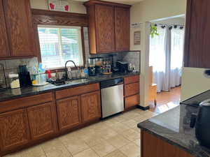 Kitchen featuring dark stone counters, decorative backsplash, stainless steel dishwasher, and sink