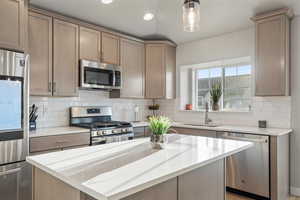 Kitchen with a kitchen island, appliances with stainless steel finishes, tasteful backsplash, and sink