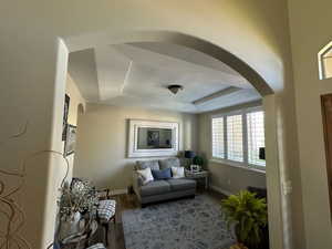 Sitting room featuring a tray ceiling and hardwood / wood-style floors