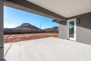 View of patio / terrace featuring a mountain view