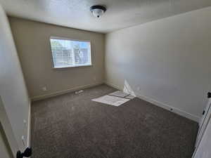 Carpeted spare room with a textured ceiling