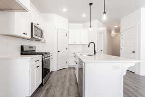 Kitchen with a center island with sink, sink, white cabinetry, stainless steel appliances, and hanging light fixtures