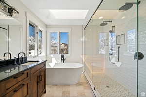 Bathroom with plus walk in shower, a skylight, and vanity