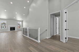 Hallway with light wood-type flooring, plenty of natural light, and a high ceiling