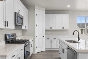 Kitchen featuring white cabinets, wood-type flooring, sink, and appliances with stainless steel finishes